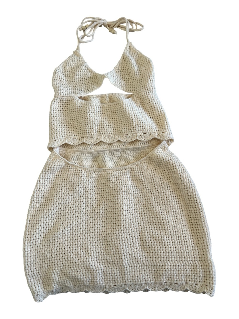 Cream Crochet Halter Cutout Bodycon Mini Dress - Size Small - Picture 2 of 4